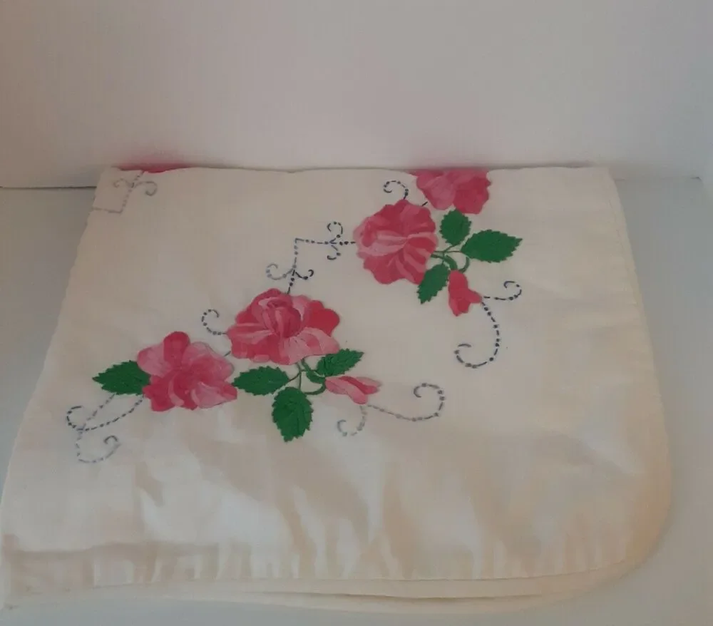 Vintage Eden Rose Hand Embroidered Pillow Sham 24x29 Enchanting
